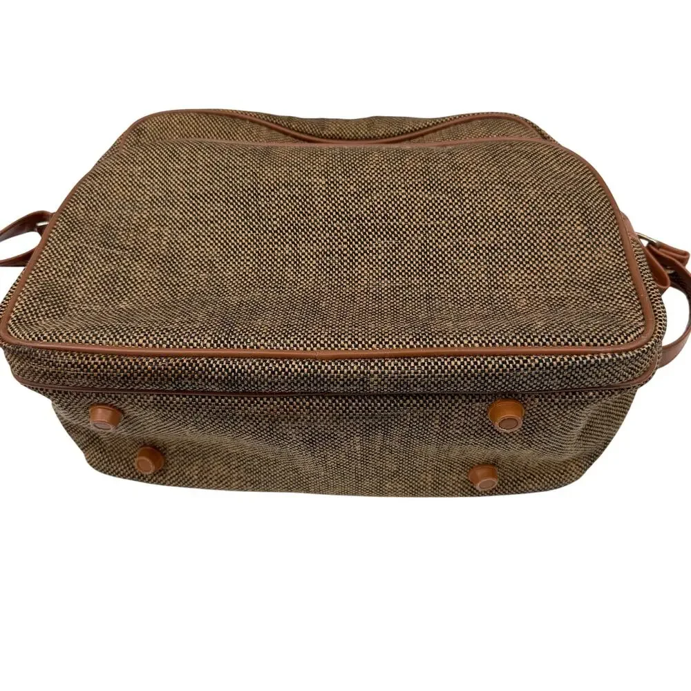Vtg 70s Samsonite Tweed Woven Brown Carry On Travel Luggage Shoulder Strap Bag